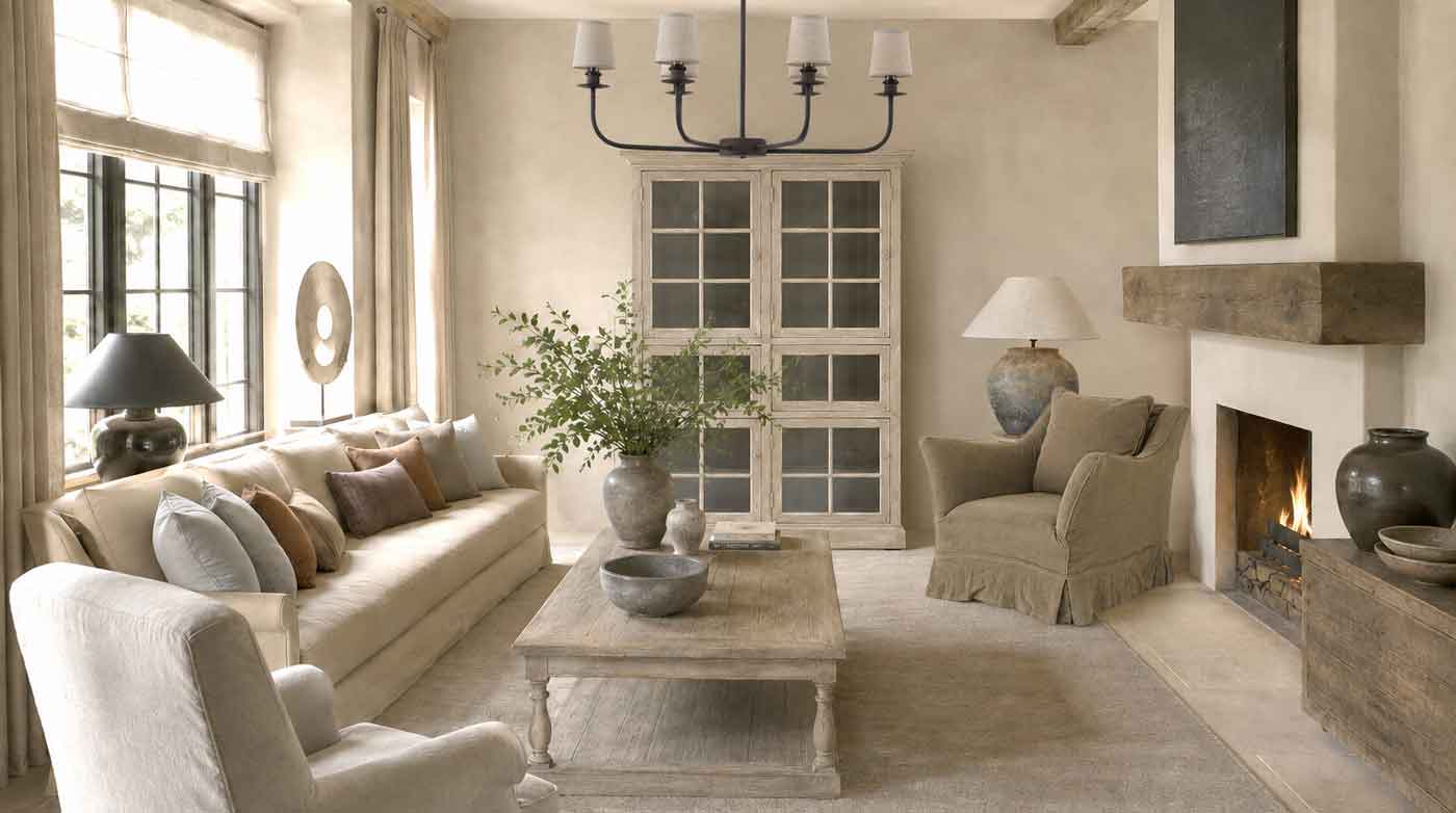 Provence Wohnzimmer mit Vitrinenschrank in Antikweiß, Leinensofa, Couchtisch aus Massivholz und offenem Kamin