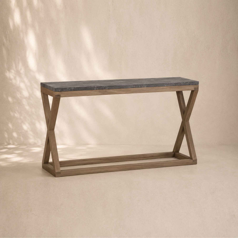 Konsole Dorine mit matter Kalkstein-Platte auf verwittertem Eichengestell, X-Konstruktion. 100 × 35 × 69 cm. Maßanfertigung möglich. Passend zu Couchtisch & Beistelltisch Dorine.