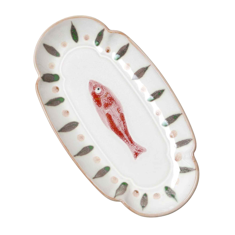 Preview: Ovaler Fayenceteller Di Mare in der Seitenansicht – flache Form, gewellter Rand, Fischmotiv auf cremefarbener Fayencekeramik