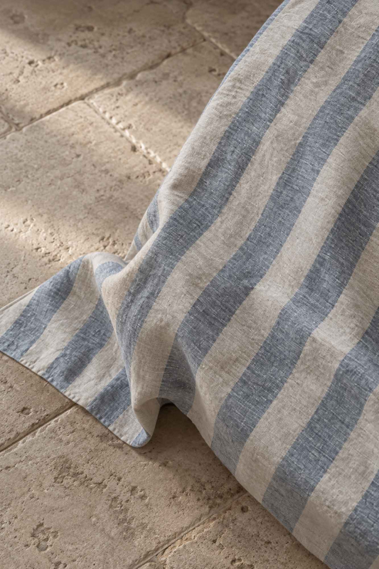 Preview: Reines Leinenlaken - Bold Stripe - Naturell Indigoblau