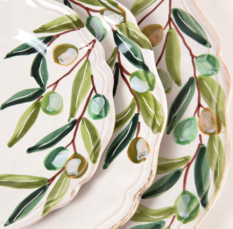 Preview: Detailansicht Olivio Tableware Flamant handbemalte Olivenzweige auf Fayence