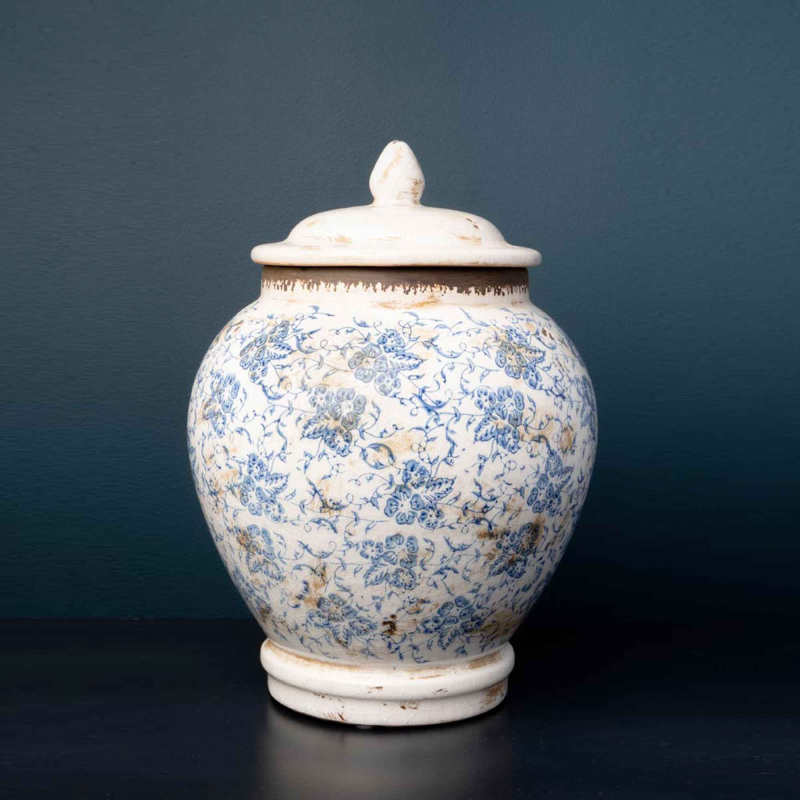 Preview: Große Keramik Vase Fleur Bleue mit Deckel – antikes Blumenmuster Blau-Weiß auf Celadon