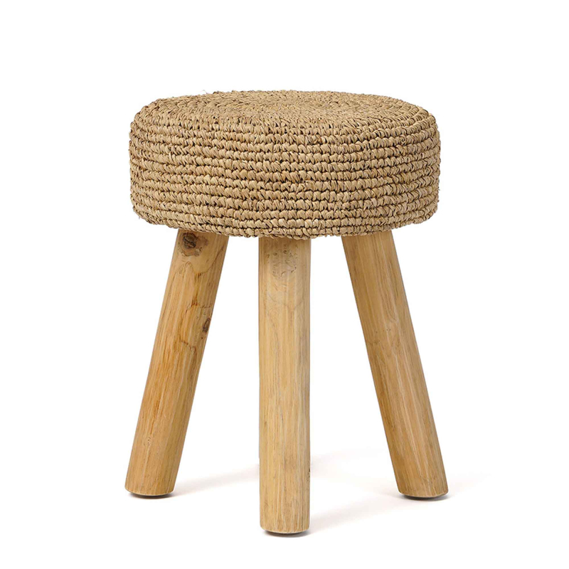 Preview: Raffia-Teak Hocker - Höhe 45 cm