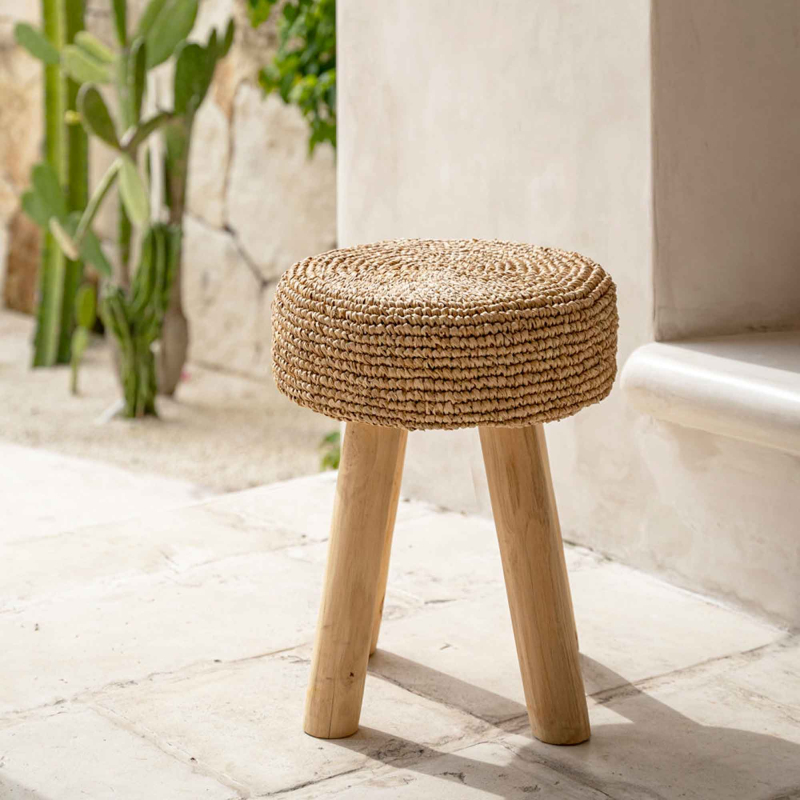Raffia-Teak Hocker - Höhe 45 cm