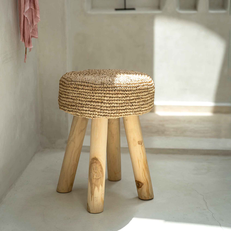 Raffia-Teak Hocker - Höhe 45 cm
