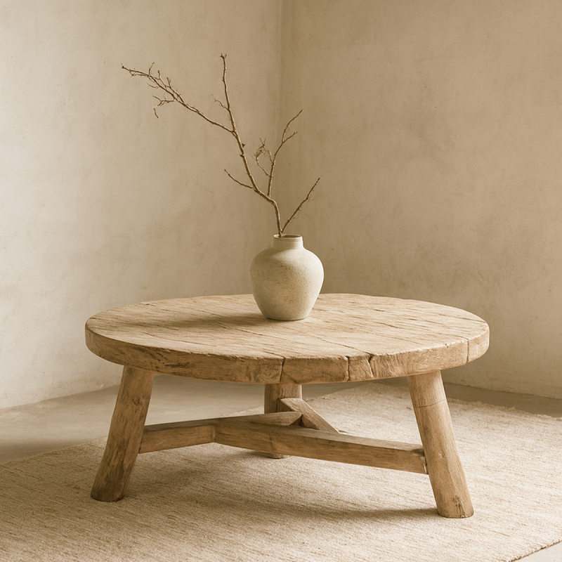 Runder Couchtisch aus massivem altem Ulmenholz