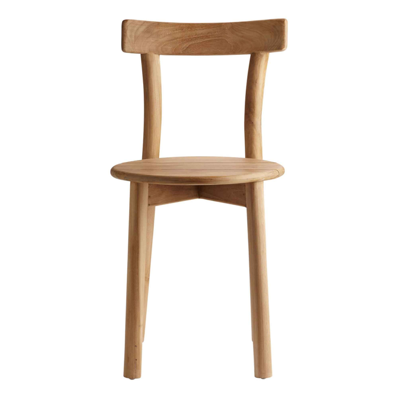 Tine K Baru Teak Stuhl Frontansicht — runde Sitzfläche, schmale Rückenlehne, Massivteak natur, skandinavisches Design