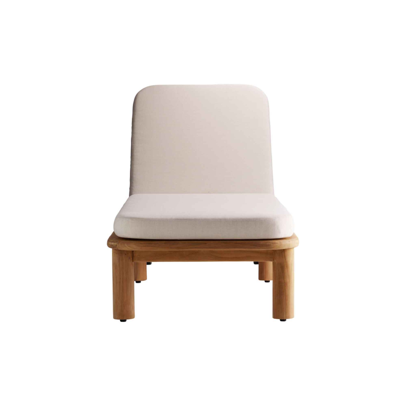 Preview: Tine K Teak Sonnenliege in Sitzposition — Rückenlehne aufrecht, cremefarbenes Kissen, FSC-Teak Gestell frontal
