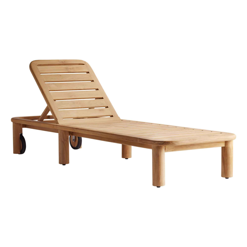 Tine K Teak Sonnenliege ohne Kissen — Latten-Liegefläche, gerundete Kanten, massive Teak-Konstruktion, natürliche Holzstruktur