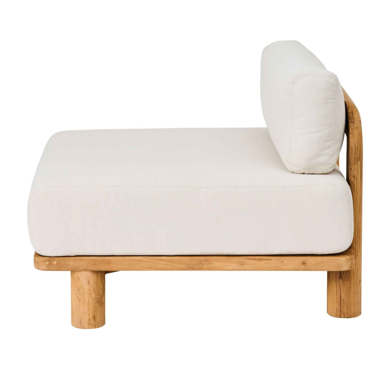 Preview: Tine K Teak Modul Sofa Seitenansicht — dickes Sitzkissen, Rückenkissen, sichtbare Teakmaserung und natürliche Holzstruktur