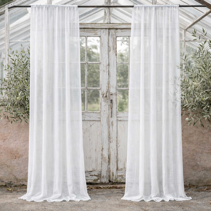 halbtransparenter Leinenvorhang aus Garze-Leinen mit Tunnelzug in reinweiss
