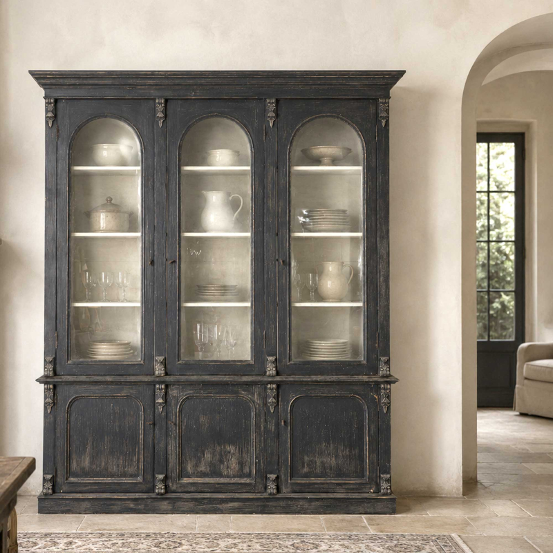 Preview: Vitrinenschrank Van — Massivpinie, antikschwarz, H 235 cm