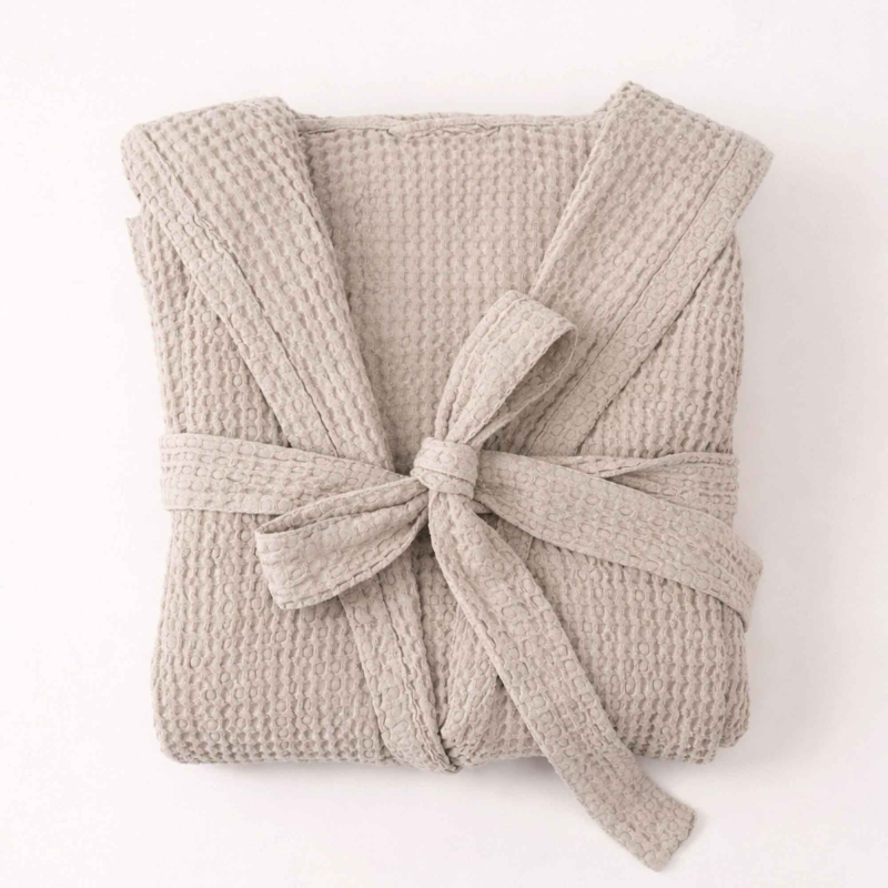 Waffelbademantel mit Kapuze aus Leinen – Farbe Cream