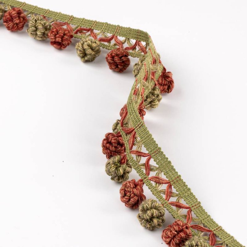 Preview: Lansdowne Ruche Drop Tomato/Olive – Rüschenperlenfranse von Colefax and Fowler