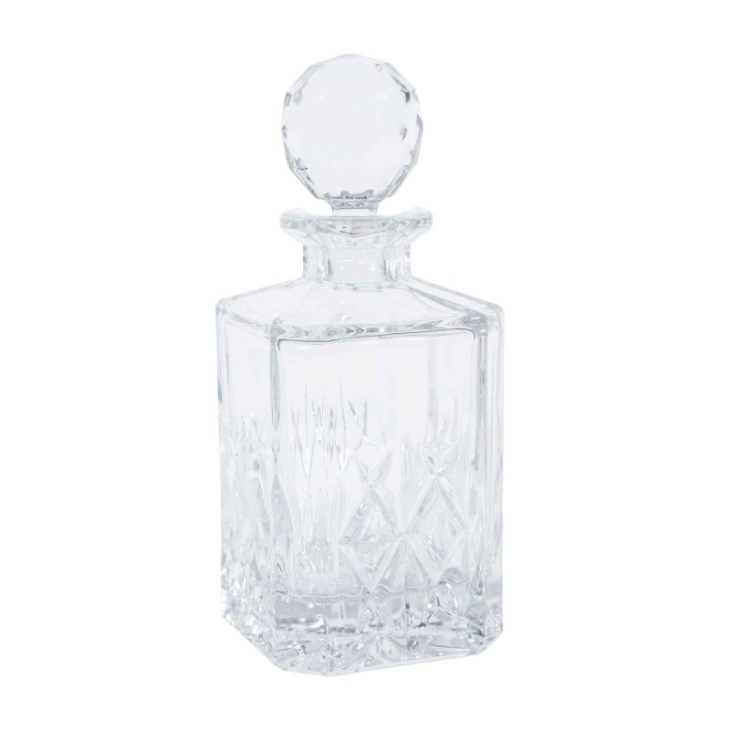 Karaffe Leighton von Flamant aus Glas mit Schliffmuster und facettiertem Kugelstopfen, freigestellt