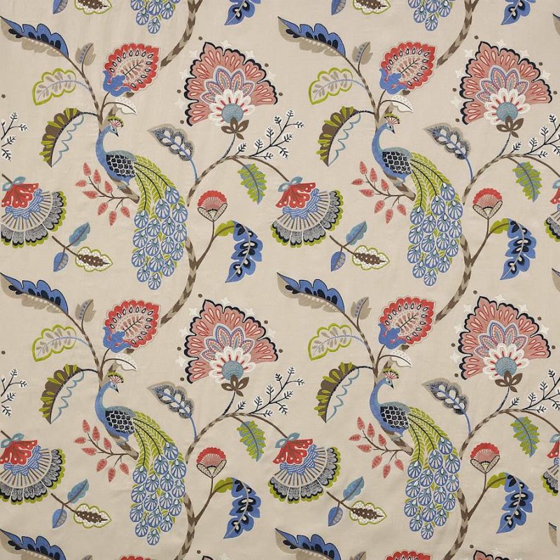 Preview: Jane Churchill Jaipur Peacock Stoff in Blue/Soft Red
