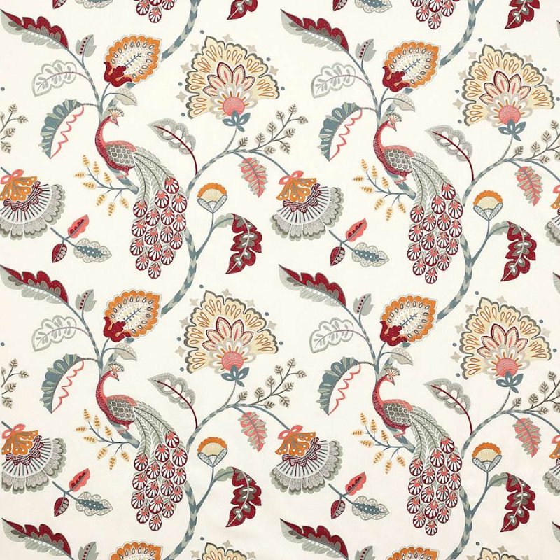 Preview: Jane Churchill Jaipur Peacock Stoff in Slate/Red