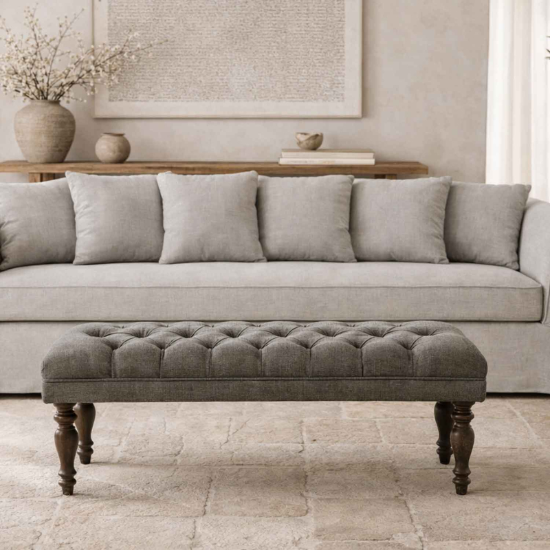 Preview: Bank Arezzo mit Knopfpolsterung in Leinen - Flamant - 104 cm