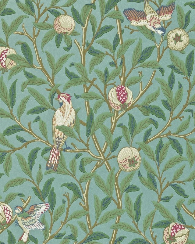 Preview: Bird & Pomegranate Turquoise/Coral – Tapete von Morris & Co.