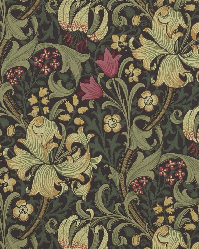 Golden Lily Charcoal/Olive – Tapete von Morris & Co.