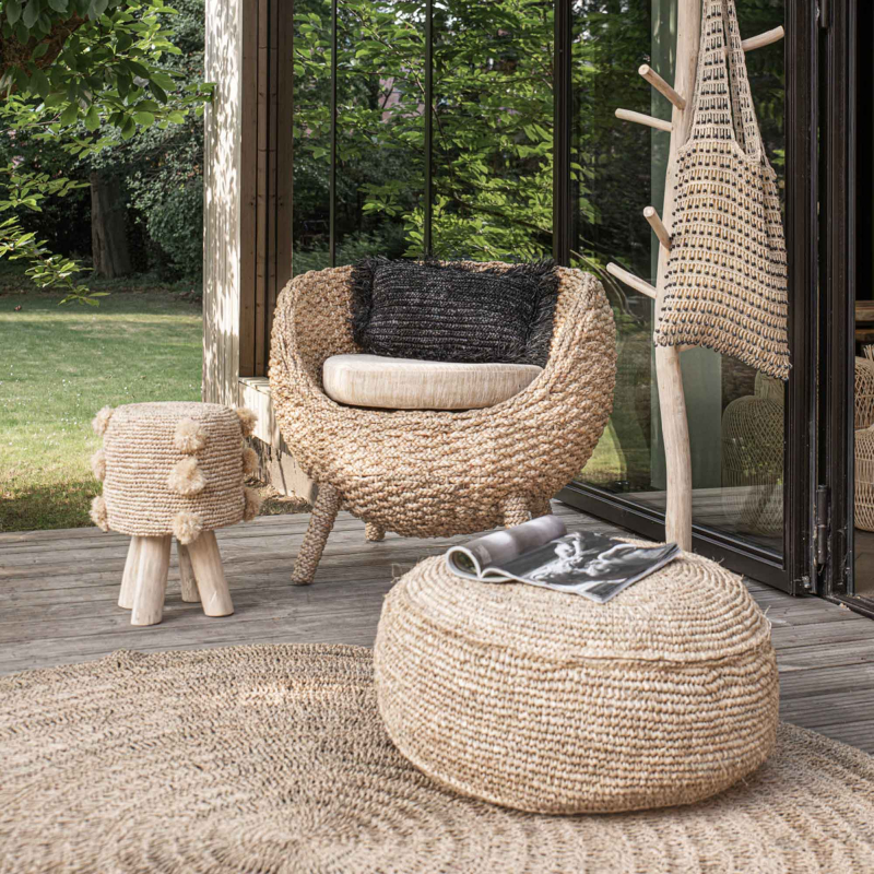 Raffia Flores Pouf — handgefertigt, 60 × 60 × 35 cm