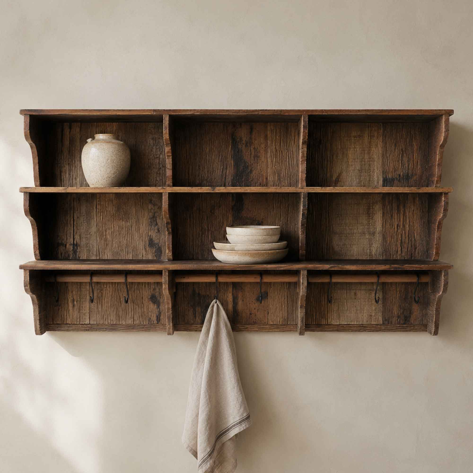 Charme de Provence - Wandregal aus gealtertem Holz – 3 Böden mit Reling, 180 cm