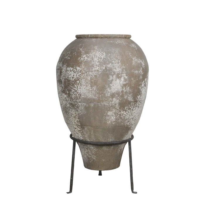 Terrakotta-Amphore Antique Creme Freisteller auf dreiläufigem Metallgestell, H 85 cm