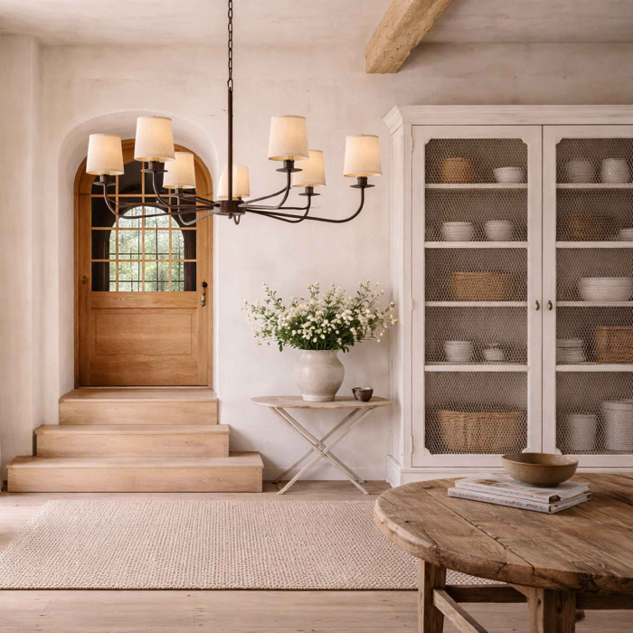 Kronleuchter Gali von Flamant mit Leinenschirmchen — Gesamtansicht