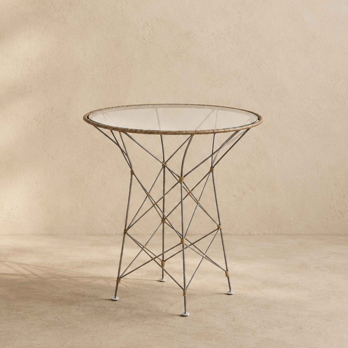Funky Café Tisch, runde Glasplatte mit Rattanrand auf diagonal gekreuztem Stahlgestell, ICONS-Kollektion, Design Yuzuru Yamakawa 1996