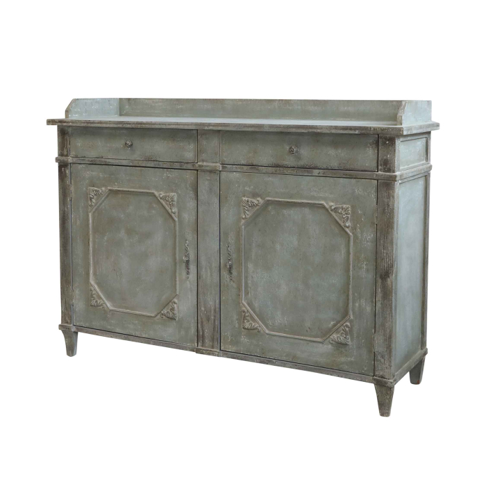 Provençalischer Schranktisch grau-blau freistehend — 2 Türen mit oktogonalem Reliefrahmen, 2 Schubladen, Galerierückwand, Kiefer antique opal