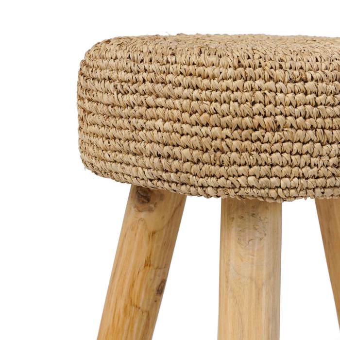 Raffia-Teak Hocker - Höhe 45 cm