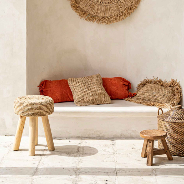 Raffia-Teak Hocker - Höhe 45 cm