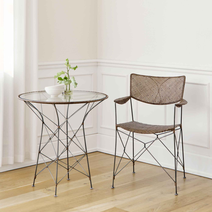 Funky Café Tisch – Glas, Stahl und Rattan