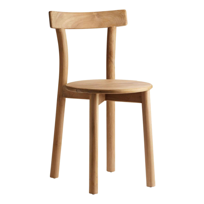 Tine K Baru Teak Stuhl Seitenansicht — gerundete Kanten, runde Sitzfläche, schlanke Teak-Beine, FSC-zertifiziert