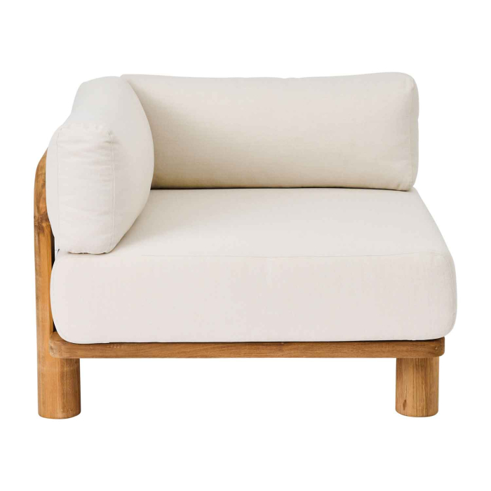 ine K Teak Modul Sofa mit linker Armlehne — cremefarbene Polsterung, sichtbarer Teakrahmen, wetterfester Bezug, FSC-zertifiziert