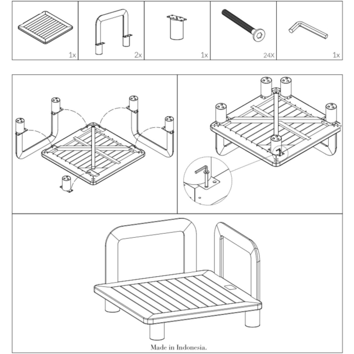 Montageanleitung Tine K Teak Modul Sofa — Bauteile und Aufbauschema, Made in Indonesia