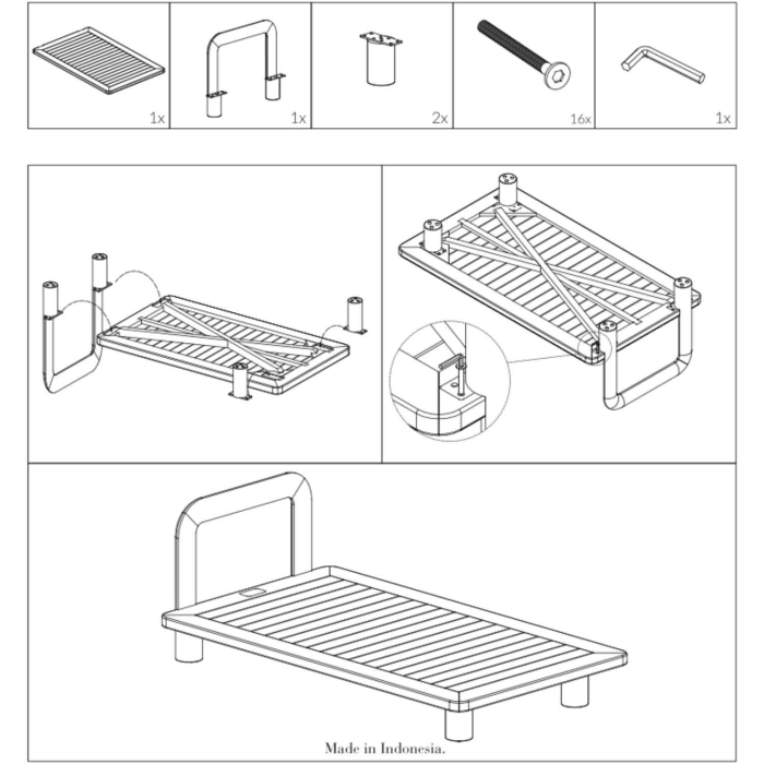 Montageanleitung Tine K Teak Récamiere — Bauteile und Aufbauschema, Made in Indonesia