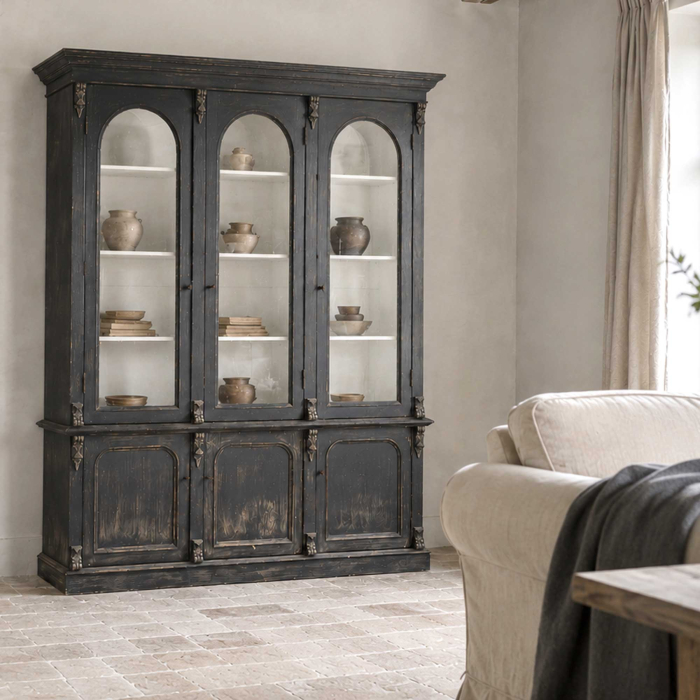 Vitrinenschrank Van — Massivpinie, antikschwarz, H 235 cm