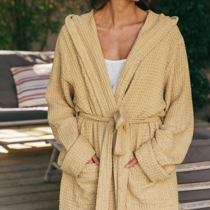 Waffelbademantel mit Kapuze aus Leinen – Farbe Mustard