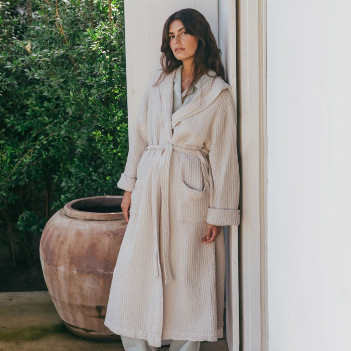 Waffelbademantel mit Kapuze aus Leinen – Farbe Cream