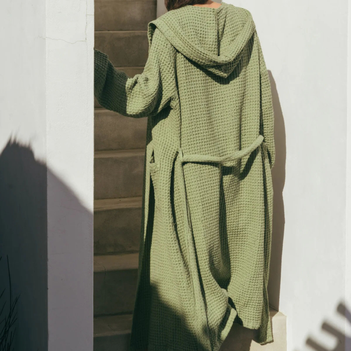 Waffelbademantel mit Kapuze aus Leinen – Farbe Salbei