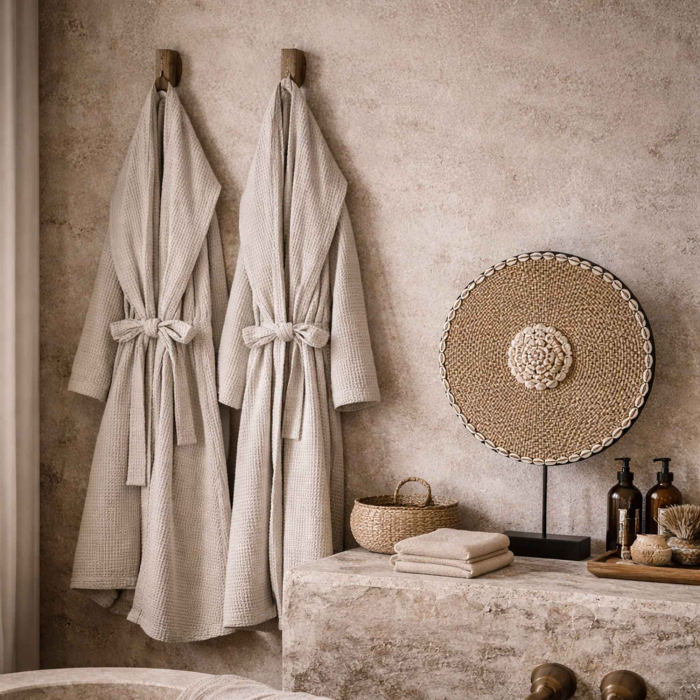 Waffelbademantel mit Kapuze aus Leinen – Farbe Cream