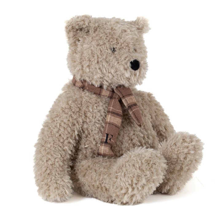 Großer Teddybär Carlos von Flamant aus sandbeigem Plüsch mit Karoschal
