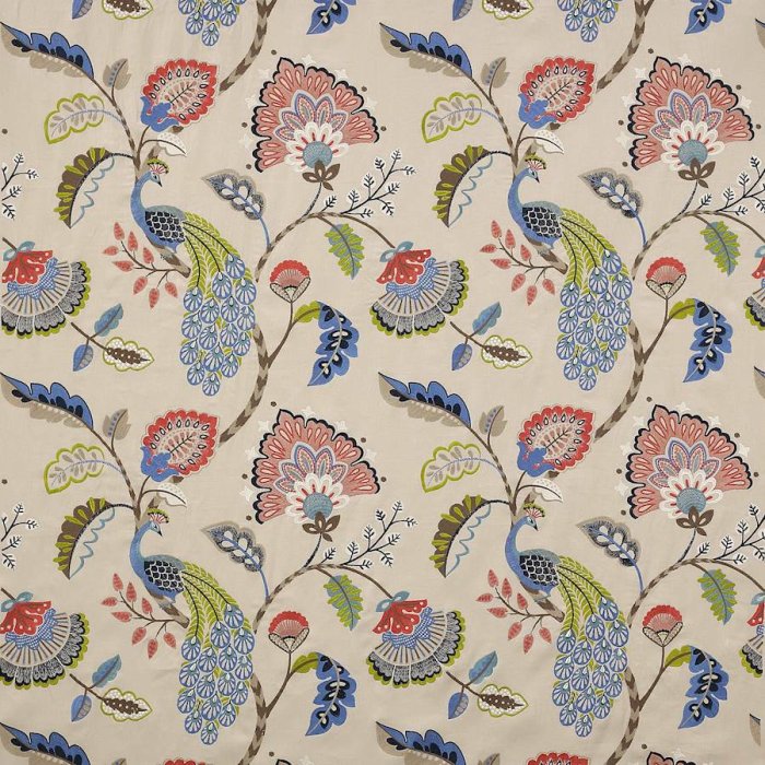 Jane Churchill Jaipur Peacock Stoff in Blue/Soft Red