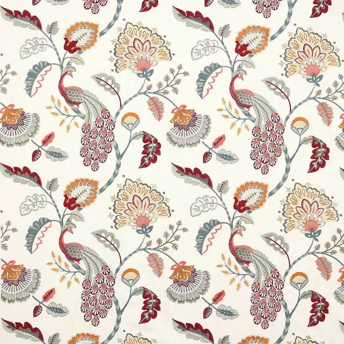 Jane Churchill Jaipur Peacock Stoff in Slate/Red