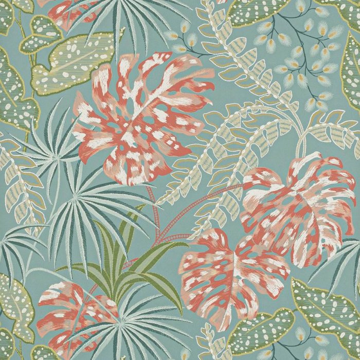 Rousseau Tapete von Jane Churchill in Teal/Coral
