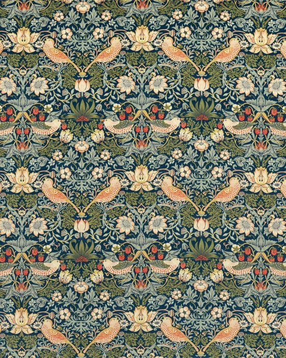 Strawberry Thief Velvet Indigo/Thyme – Stoff von Morris & Co.