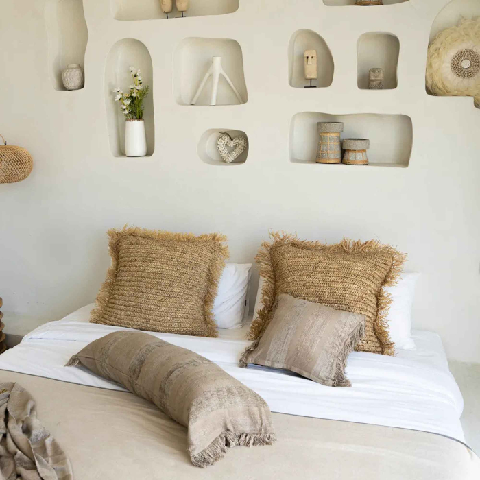 Raffia Kissen mit Fransen — handgefertigt, 3 Größen