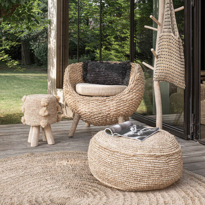 Raffia Flores Pouf — handgefertigt, 60 × 60 × 35 cm