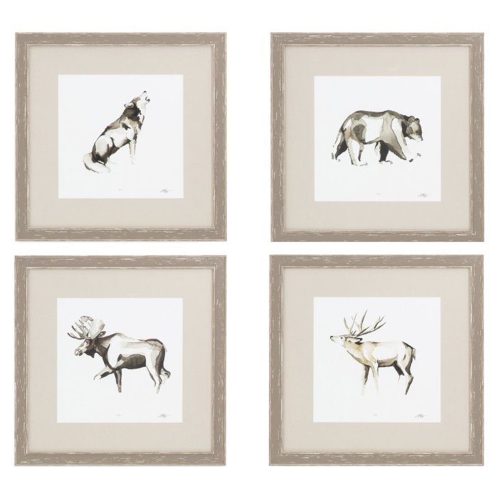 Wandbilder Watercolor Woodlands von Flamant, vier gerahmte Aquarelle mit Wolf, Bär, Elch und Hirsch
